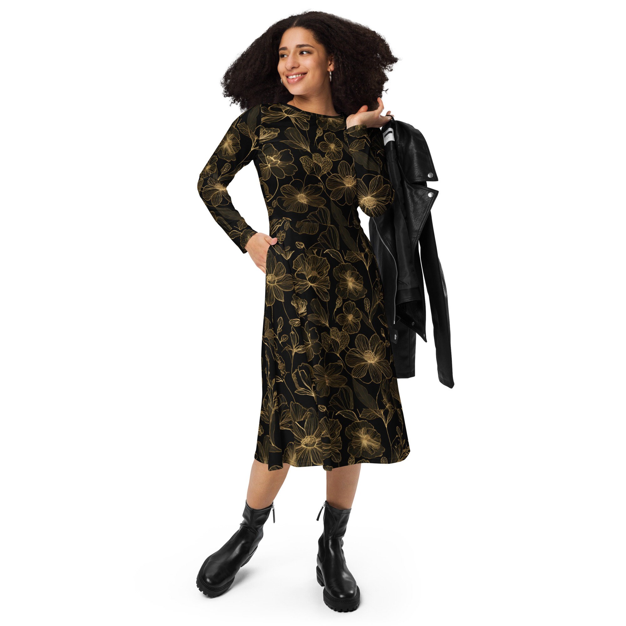Black dress with monotone gold and brown handwork detailing