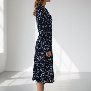 Navy Blue Floral Midi Dress: Long Sleeve Pocket Dress image 4