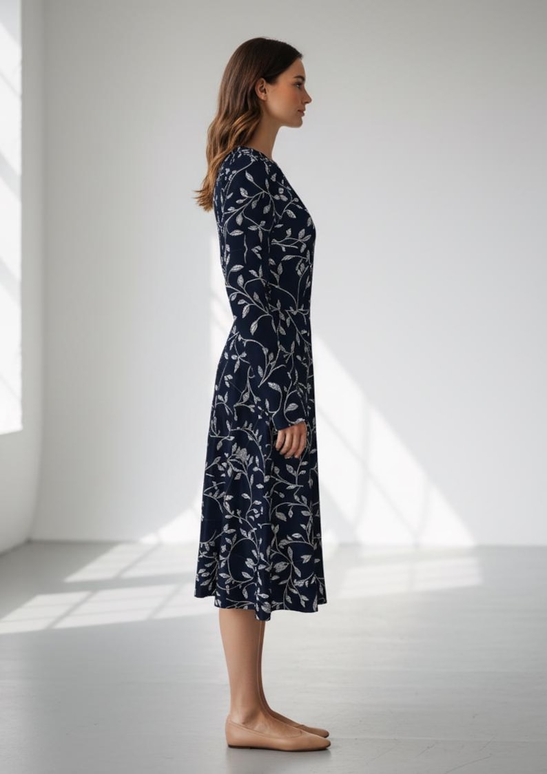 Navy Blue Floral Midi Dress: Long Sleeve Pocket Dress image 4