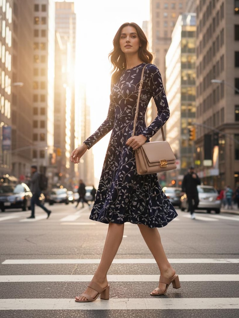 Navy Blue Floral Midi Dress: Long Sleeve Pocket Dress image 8