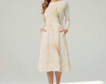Gold Abstract Midi Dress: Fit & Flare Jersey Skater with Pockets