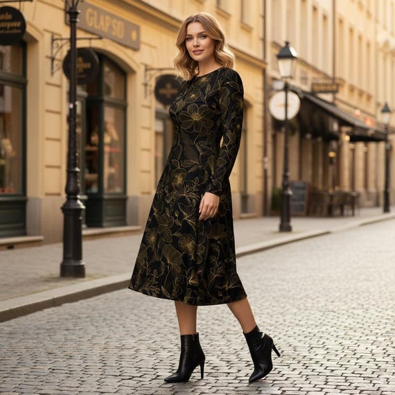 Black and Gold Floral Midi Dress: Long Sleeve Party Dress with Pockets