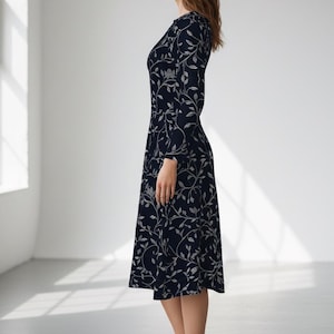Navy Blue Floral Midi Dress: Long Sleeve Pocket Dress image 5