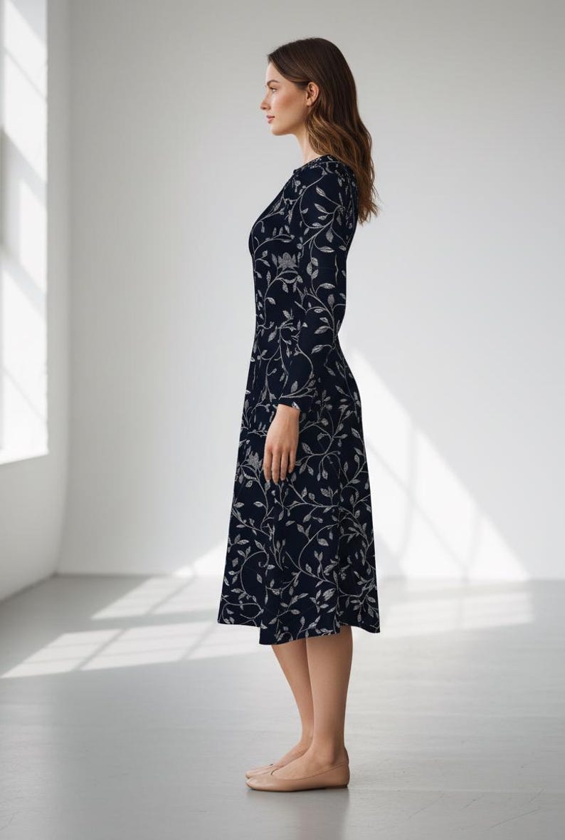 Navy Blue Floral Midi Dress: Long Sleeve Pocket Dress image 5