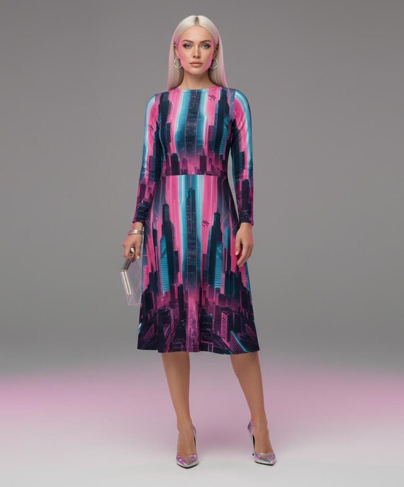 Neon Cyberpunk City Midi Dress - Long Sleeve Futuristic Fit & Flare Dress with Pockets