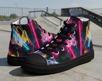 Neon Graffiti High Top Canvas Sneakers Cyberpunk Street Art Shoes