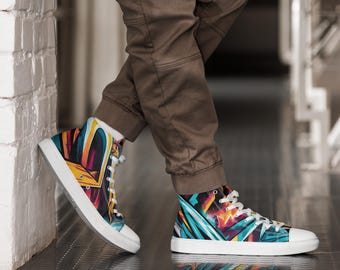 Color Storm High-Top Sneakers – Abstract Neon Streetwear Canvas Shoes