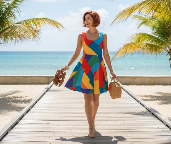 Modern Abstract Colorblock Skater Dress, Bright Geometric Sleeveless Fit & Flare Dress Modern Abstract Colorblock Skater Dress, Bright Geometric Sleeveless Fit & Flare Dress