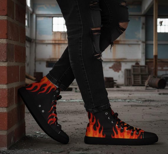 Flame Print High Top Sneakers – Black Canvas Shoes With Fire  display picture 1