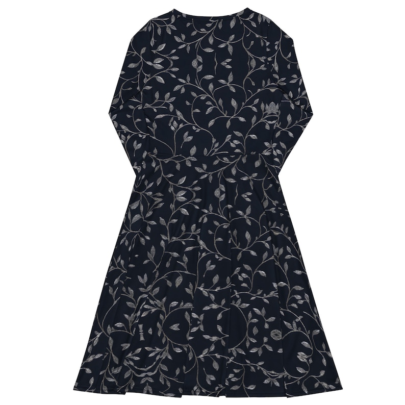Detail of stitching and seam quality on navy floral midi dress fabric.