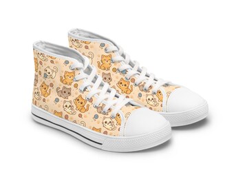 Kawaii Cat High Top Sneakers: Pastel Cartoon Kitty Canvas Shoes