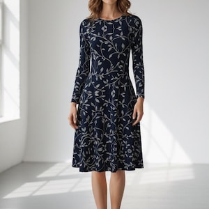 Navy Blue Floral Midi Dress: Long Sleeve Pocket Dress image 2