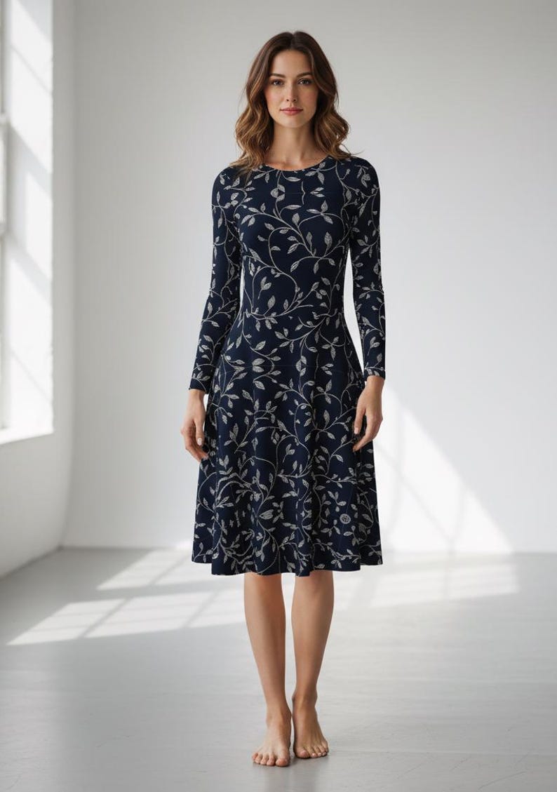 Navy Blue Floral Midi Dress: Long Sleeve Pocket Dress image 2