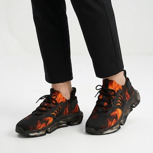 Flame Print Mesh Sneakers Men, Black EVA Sole, Bold Streetwear Trainers