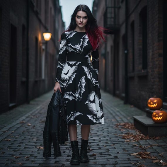 Black Bat Midi Dress: Gothic Moon Print Long Sleeve Halloween Outfit
