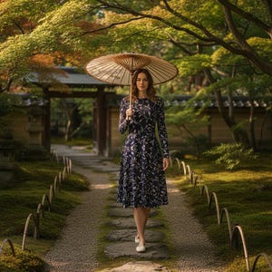 Navy Blue Floral Midi Dress: Long Sleeve Pocket Dress image 15
