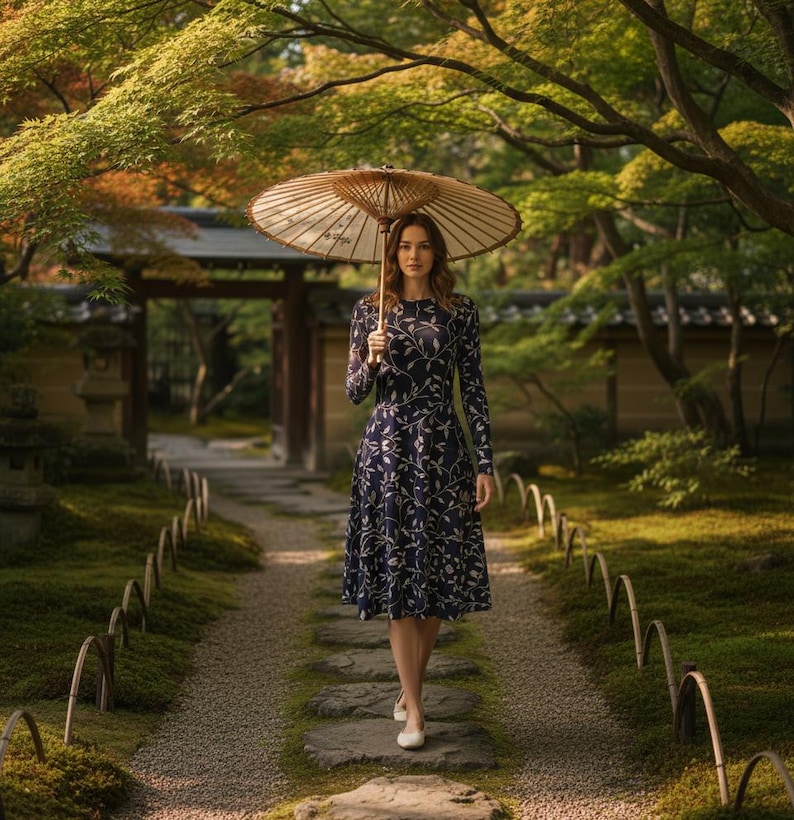Navy Blue Floral Midi Dress: Long Sleeve Pocket Dress image 15