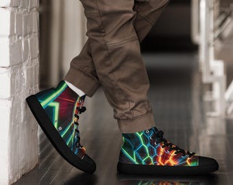 Neon Grid High-Top Sneakers – Cyberpunk Techwear Shoes for Men