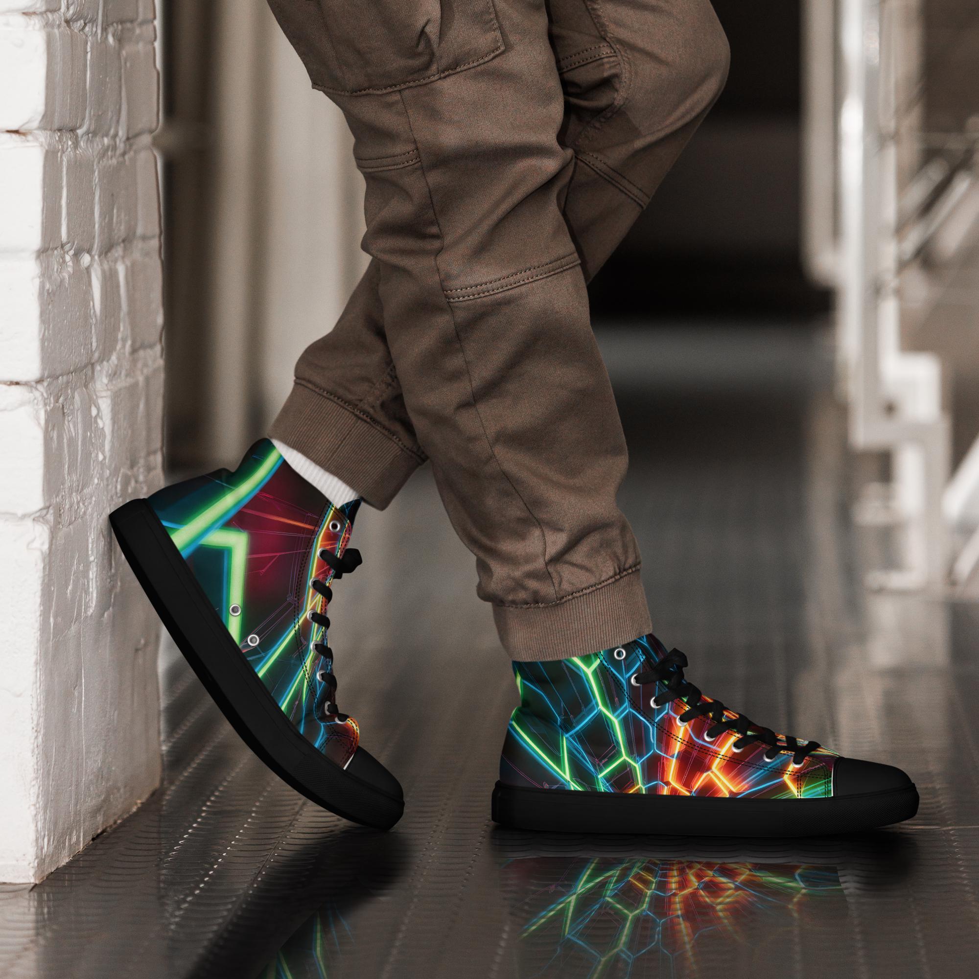 Neon Grid High-top Sneakers – Cyberpunk Techwear Shoes for Men