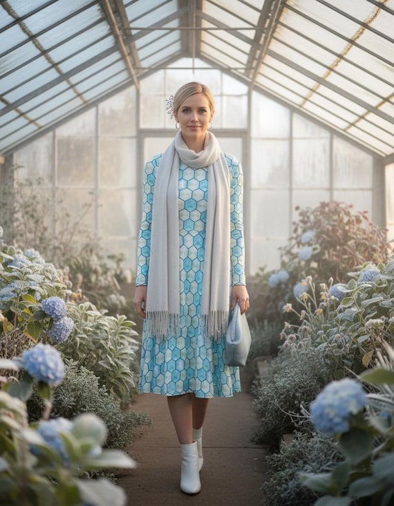 Blue Geometric Honeycomb Midi Dress with Pockets - Long Sleeve Fit & Flare Skater Style Blue Geometric Honeycomb Midi Dress with Pockets - Long Sleeve Fit & Flare Skater Style