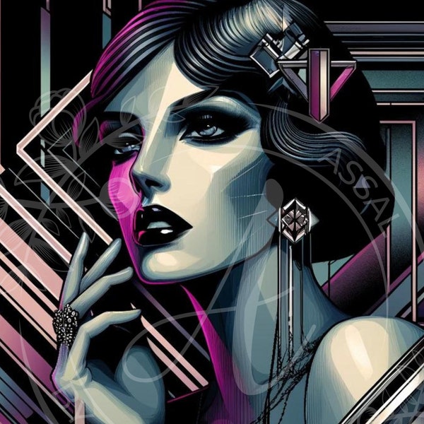 Modern Noir Flapper - Art Deco Inspired Digital Portrait, 1920s Style Illustration Download