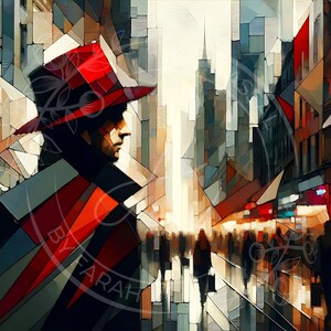 Modern Urban Artwork, Urban Life Art- Abstract Man in Cityscape Digital Art, Geometric Street Download