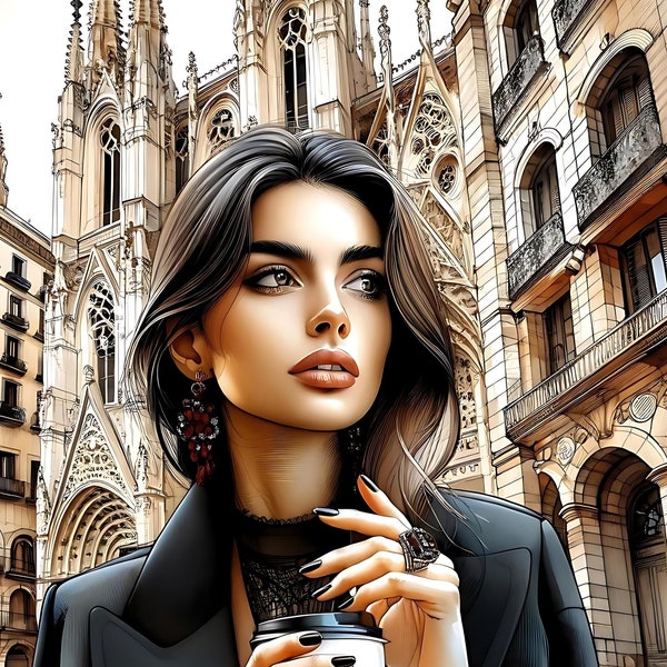 Elegant Gothic Cityscape Woman Art Print - Stylish Lady with Coffee - Chic Urban Digital Painting - Modern Fashion Wall Decor