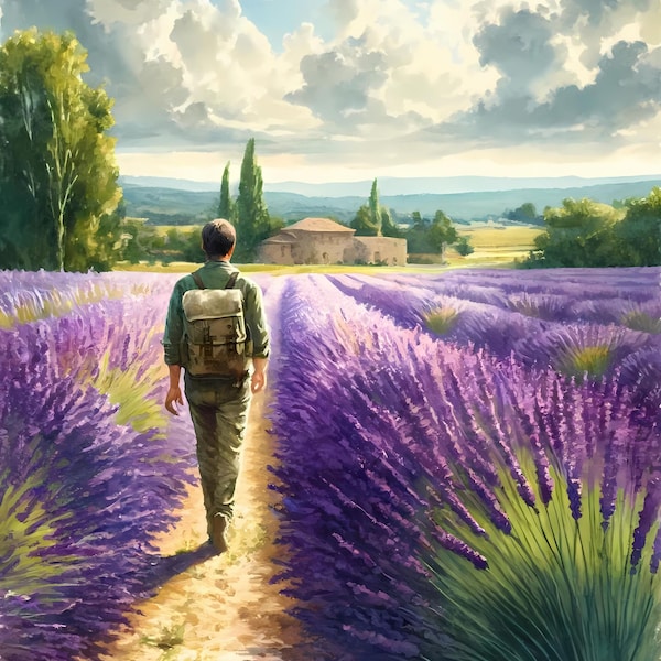 Peaceful Lavender Fields Art, Wanderlust Digital Painting, Tranquil Nature Walk Print, French Countryside Artwork, Calming Landscape Decor