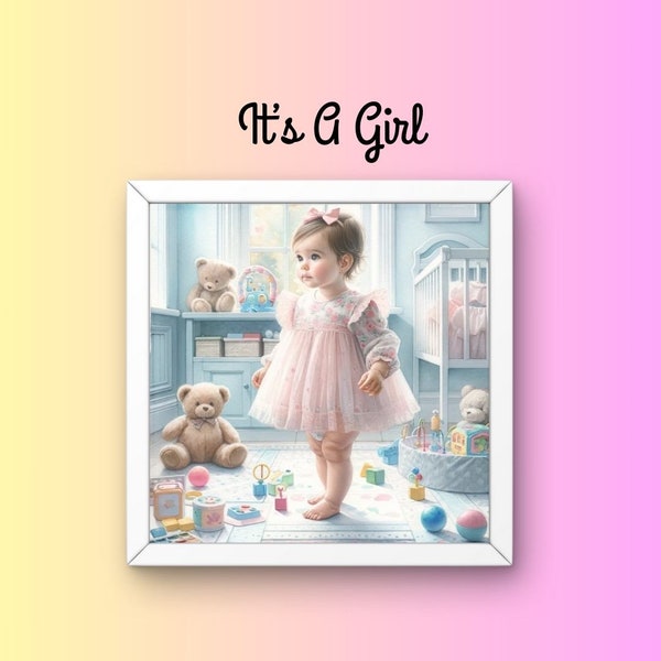 Toddler Girl in Pink Dress Digital Art - Adorable Nursery Decor Print