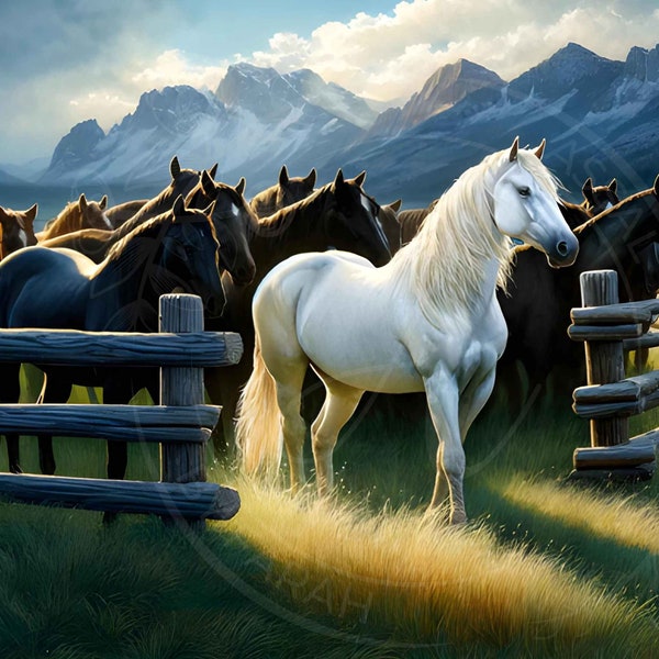 Majestic Mountain Horse Herd Art Print, White Stallion Leadership Poster, Wild Horse Scenery Wall Art