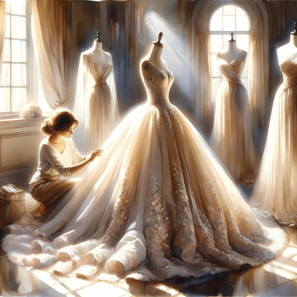 Atelier's Masterpiece - Designer Dress Creation, Bridal Couture in Sunlit Studio, Art Print