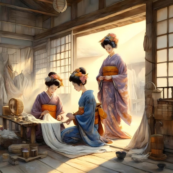 Traditional Textile Craft - Japanese Kimono Artisans at Work, Cultural Heritage Art Print