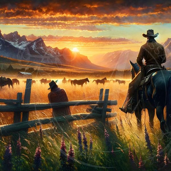 Rustic Cowboy Sunset Art Print, Western Landscape with Horses, Majestic Mountain Range Wall Art, Wild West Ranch