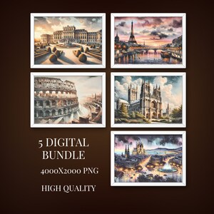 Famous Cities Art-iconic landmarks Digital Art Collection - 5 High-Quality Watercolor Images