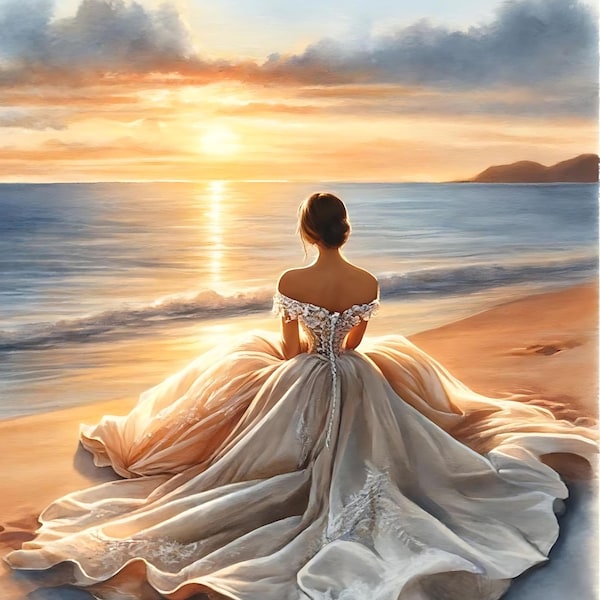 Seaside Solitude - Elegant Woman Gazing at Sunset, Breathtaking Beach Evening Gown Art Print