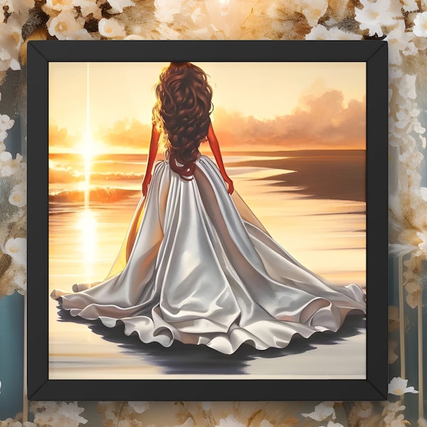 Golden Hour Beach Walk - Serene Sunset Lady Art, Digital Print for Home Decor, Ocean Dusk