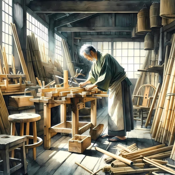 Masterful Creation - Elderly Craftsman in Bamboo Woodshop, Artisan's Studio Art Print