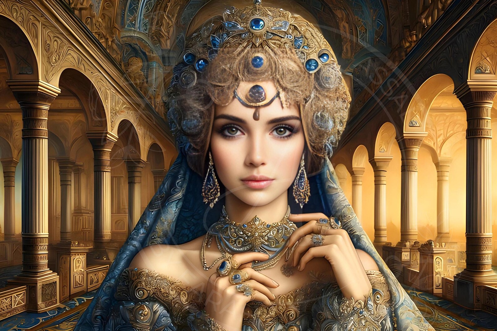 Regal Beauty in Ancient Persian Palace – Digital Watercolor Art Print ...