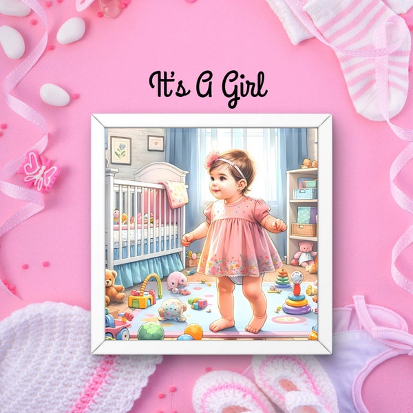 Cheerful Toddler Girl in Nursery Digital Art - Colorful Baby Room Wall Decor