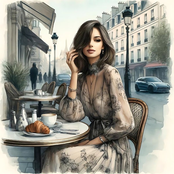 Always Paris - Chic Parisian Café Digital Art, Romantic City Illustration