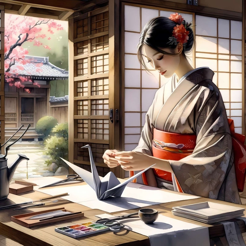 Japanese Origami Crane Art Serene Sakura & Kimono Wall Decor, Cherry ...
