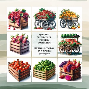 Può includere: Un set di 24 illustrazioni digitali ad acquerello di prodotti del mercato contadino in cassette e carretti di legno. Le illustrazioni includono fragole, arance, uva, frutto del drago, anguria, pomodori e cetrioli.