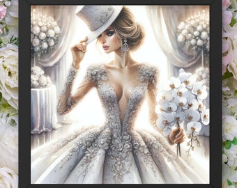 Elegant Bridal Portrait - Fashion Illustration, Luxurious Wedding Wall Art, Sophisticated Bride Decor