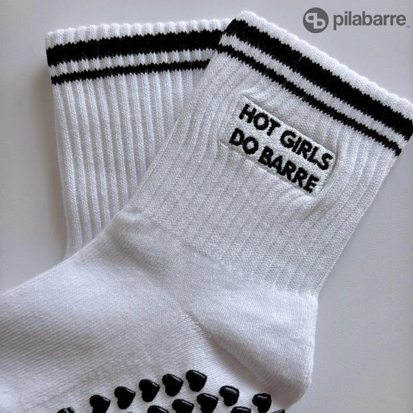 Embroidered Hot Girls Do Barre Grip Socks, White Black Stripes, Heart Grips