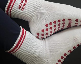 Hot Girls Do Pilates Grip Socks, White Red Stripe, Heart Grips