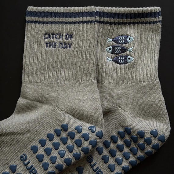 Catch of the Day Pilates Grip Socks, Embroidered Fish, Cotton Comfort
