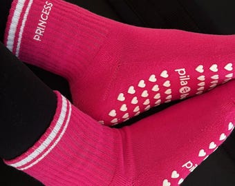 Pink Princess Grip Socks for Pilates and Barre, Embroidered Cotton with Heart Grips