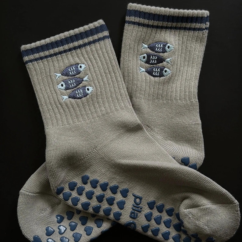 Catch of the Day Pilates Grip Socks, Embroidered Fish, Cotton Comfort image 3
