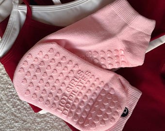Low Cut Pilates Grip Socks, Pink Heart Non-Slip, Premier Cotton Workout Wear