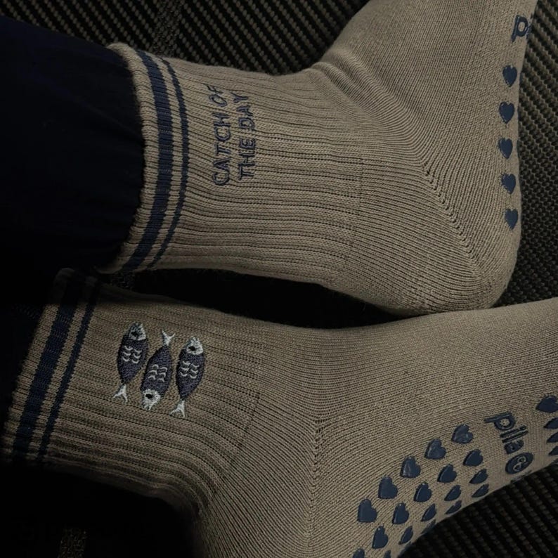 Catch of the Day Pilates Grip Socks, Embroidered Fish, Cotton Comfort image 2